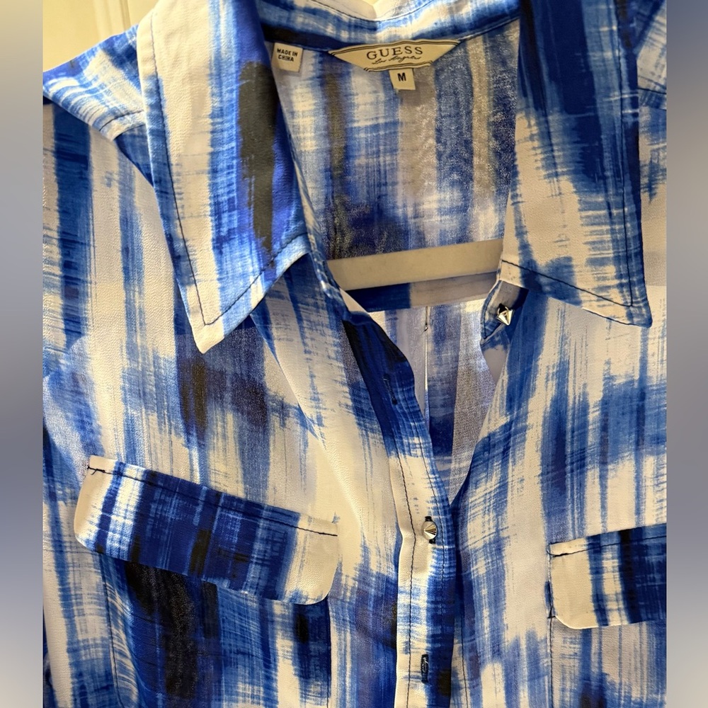 Guess Blue and White Casual Button Down Shirt